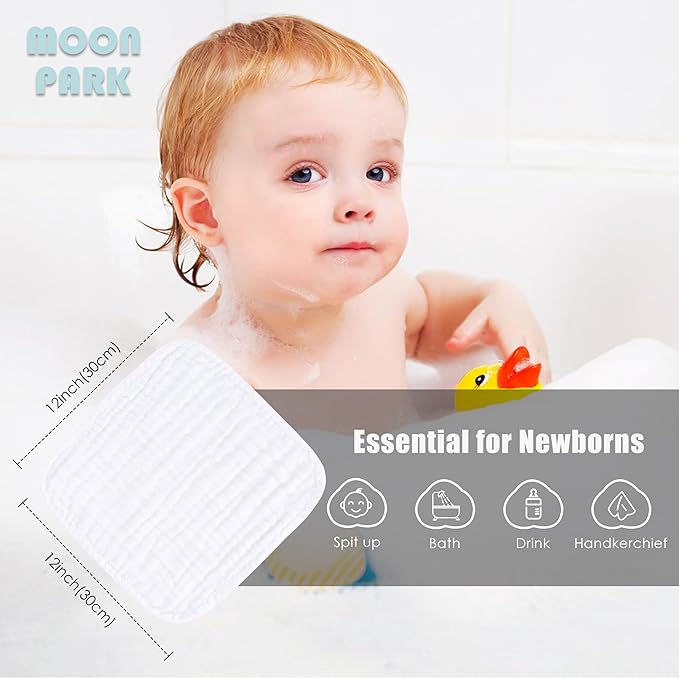 MOON PARK Baby Washcloths, 12 Pack - 12x12 Inches, Small Burp Cloths and Baby Wipes - 100% Cotton Muslin Ultra Soft for Newborn, Infant and Toddlers - White