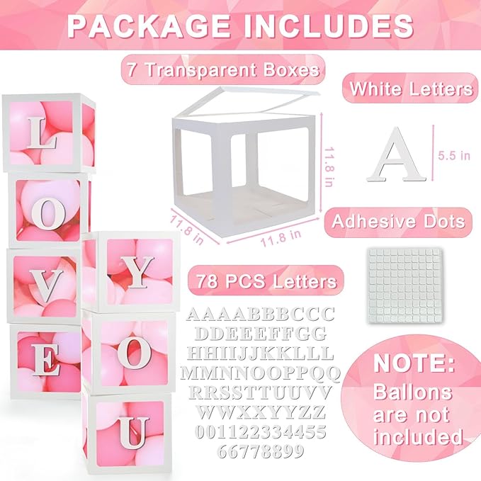 Clear Balloon Boxes Baby Shower Decorations, 7 White Baby Boxes with 78 Letters for Custom Name, Transparent Balloon Box Backdrop for Party Birthday, Bridal Wedding, Boy girl Gender Reveal, Graduation