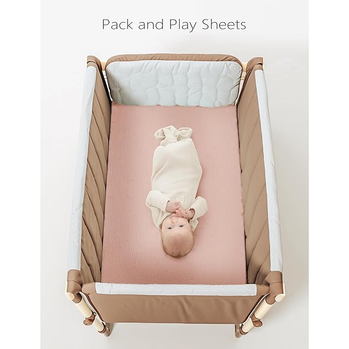 Konssy Muslin Mini Crib Sheets, 100% Soft Cotton Pack and Play Sheets for Pack N Play Mattress, Playard Baby Crib Sheets for Baby Girls (Pink, Cream)