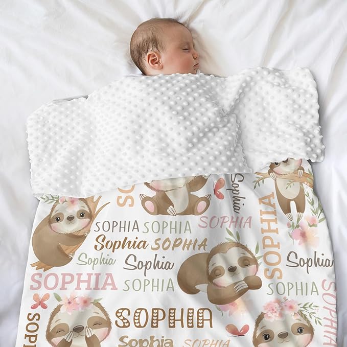 Personalized Baby Blanket for Girls Sloth Custom Baby Blankets with Name Dotted Backing Customized Gifts for New Mom Customize Baby Blanket for Kids Newborn Birthday