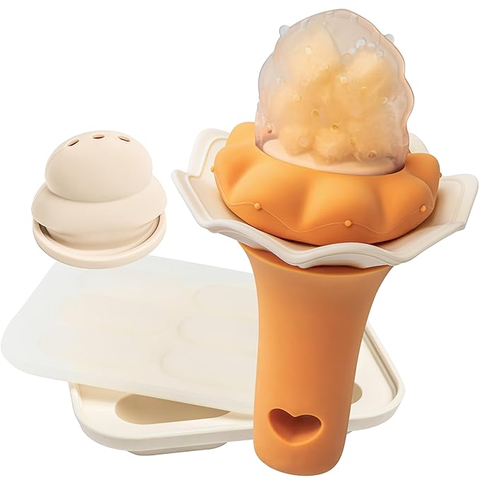 Moonkie Baby Fruit Feeder with Freezer Tray, Breastmilk Popsicle Molds for Teething Relief, BPA Free Silicone Food Feeder for Infant Self Feeding, Two Pouches, Baby Shower Gifts 4 Months+, 1 Pack
