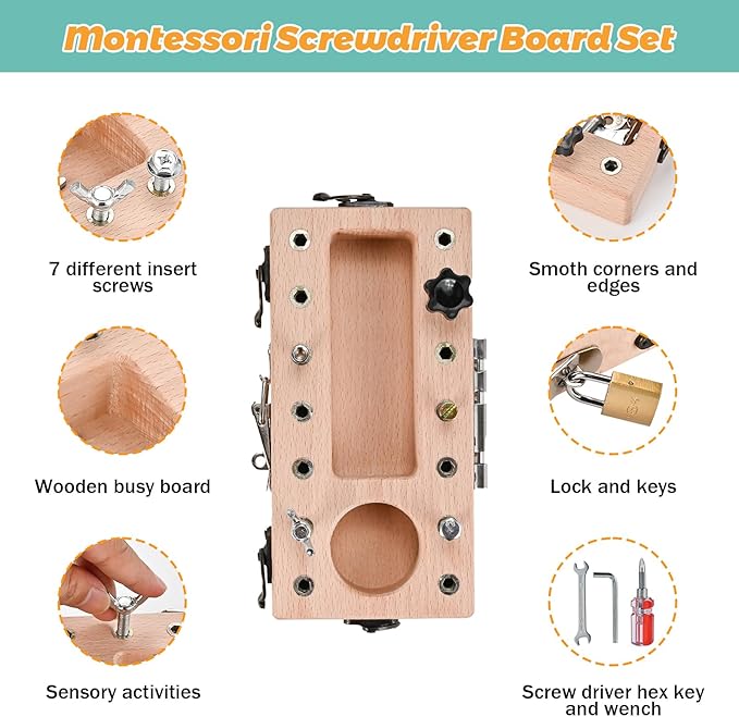 Montessori Toys for 3 4 5 Year Old with Lock and Key, Wooden Sensory Toddler Screwd Tool Set, Montessori Screwdriver Board Set, Fine Motor Skills Toys for Educational Preschool Gift for Boys