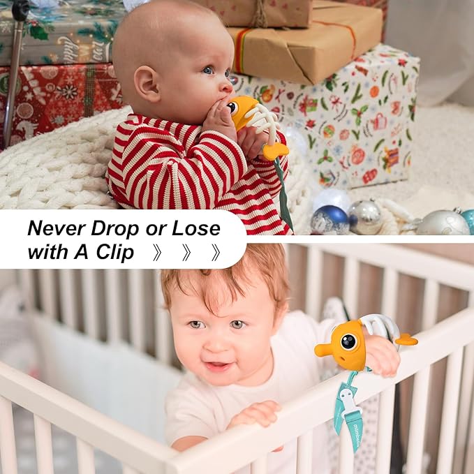 Mombella Clownfish Teethers for Babies 3-6 Months, Baby Teething Toys 6-12 Months with Lanyard to Attach on, Silicone Tether with Different Textures to Gnaw, Ergonomic for Little Hands, Saffron