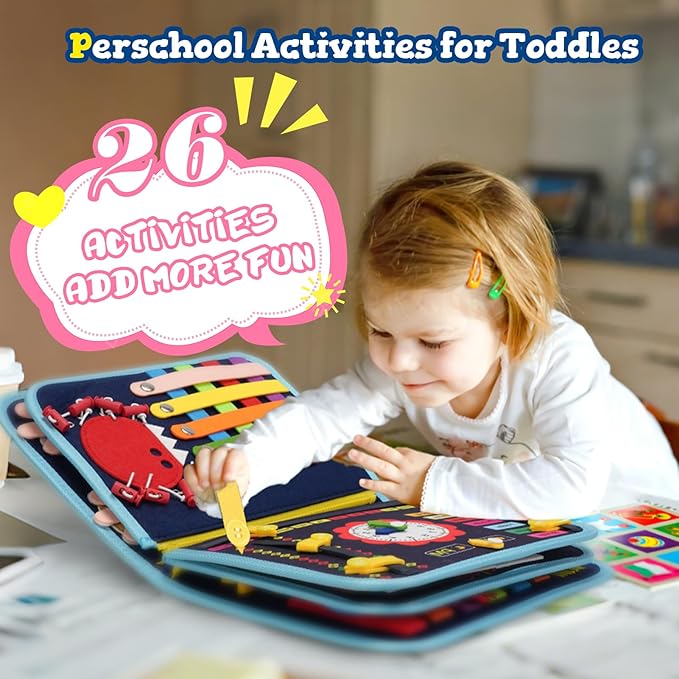 Toddler Busy Board Book Montessori Toys for 1 2 3 4 Years Old,Sensory Board Educational Activities for Learning Fine Motor Skill,Toy for Boy & Girl Birthday Gift,Toddler Toy for Airplane Car Travel