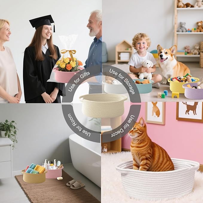 Gift Basket with Gift Bag and Ribbons,Small Rope Woven Shelf Storage,Baskets for Gifts Empty,Birthday,Shower,Decorative Organizer Box for Cat Dog Pet with Handles(Cream)