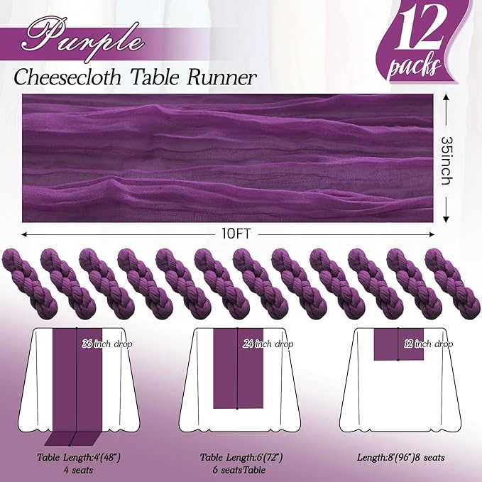 12Pack Purple Table Runner 10FT Cheesecloth Table Runner 35x120inch Cheese Cloth Table Runners Rustic Boho Gauze Table Runners for Party Wedding Birthday Dining Bridal Baby Shower Decor