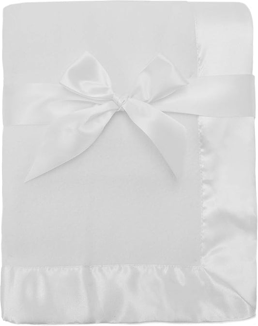 American Baby Company Fleece Blanket with Silk-Like Satin Trim, Soft, Warm & Cozy, White, 30" x 40" for Boys and Girls, Perfect for Baby Carrier, Stroller, Travel and Gifting