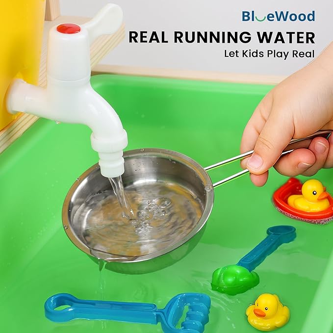 BlueWood Mud Kitchen for Kids Outdoor, Wooden Play Kitchen Set with Sink, Stove, Chalkboard, Montessori Toddler Outdoor Kitchen Playset for Backyard Fun