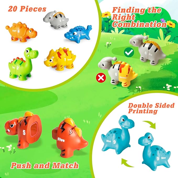 20PCS Dinosaur Number Matching Learning Toys for Toddlers 3-5, 10 Different Dinosaur Figures, Montessori Educational Toys Gifts for Boy Girl, Preschool Learning Activities, Double Sided Matching Game