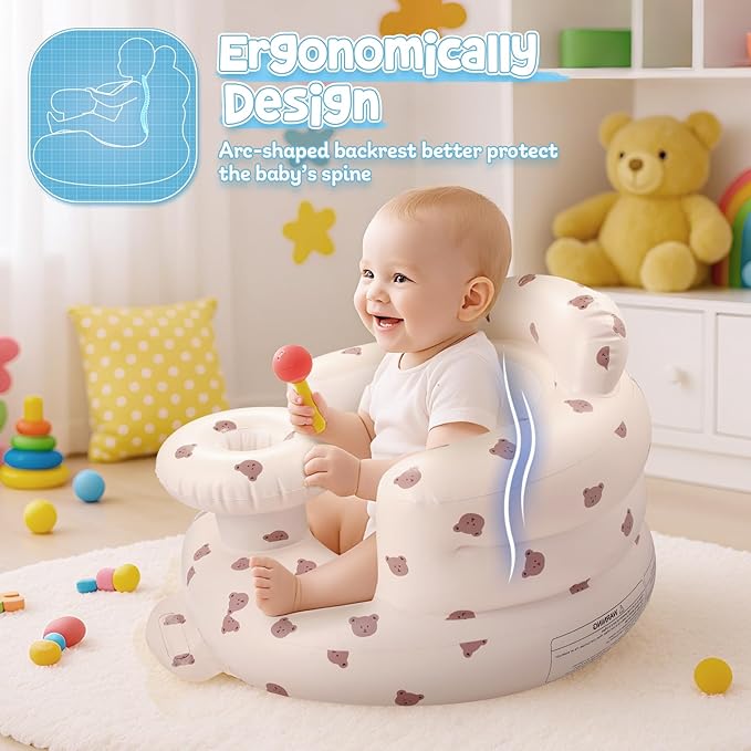 Arscniek Inflatable Baby Seat Built in Air Pump, Blow Up Baby Chair with Back Support and Tray, Sit Me Up Floor Seat for Babies 3-36 Months, Portable Infant Chairs for Indoor and Outdoor - Bear Head