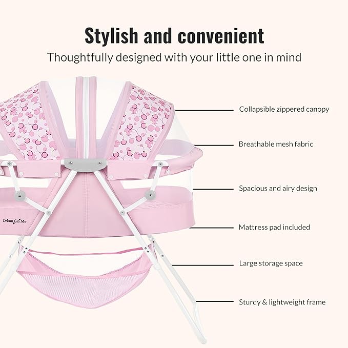Dream On Me Karley Bassinet in Pink, Lightweight Portable Baby Bassinet, Quick Fold and Easy to Carry, Adjustable Double Canopy, Indoor and Outdoor Bassinet with Large Storage Basket.