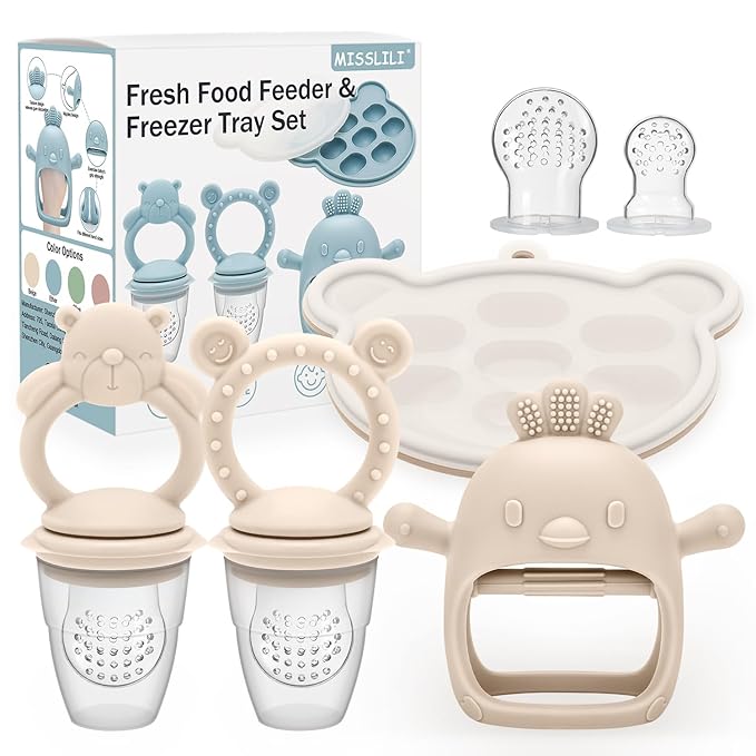 4 Pack Silicone Teething Mitten for Babies with Baby Fruit Food Feeder & Freezer Tray Set, BPA Free Infant Teething Relief Toy for 3 Month+, Additional Silicone Sacs (Bear&Smile Beige)