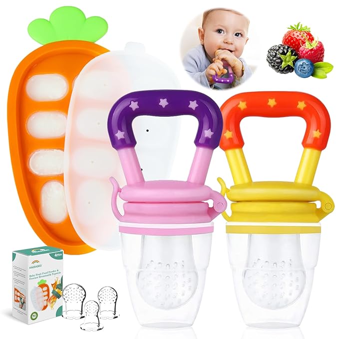Baby Fruit Feeder with Ice Tray, BPA-Free Silicone Teether & Infant Feeding Set for 3-24 Months, Leak-Proof, Ergonomic Handle – Perfect for Puree, Yogurt & Frozen Snacks(Pink Yellow)