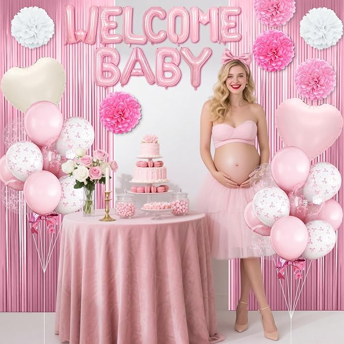 Pink Baby Shower Decorations for Girl,Welcome Baby Balloon Banner with Coquette Pink White Bow Balloons Fringe Curtains Paper Pom Poms for Baby Shower Gender Reveal Party Supplies