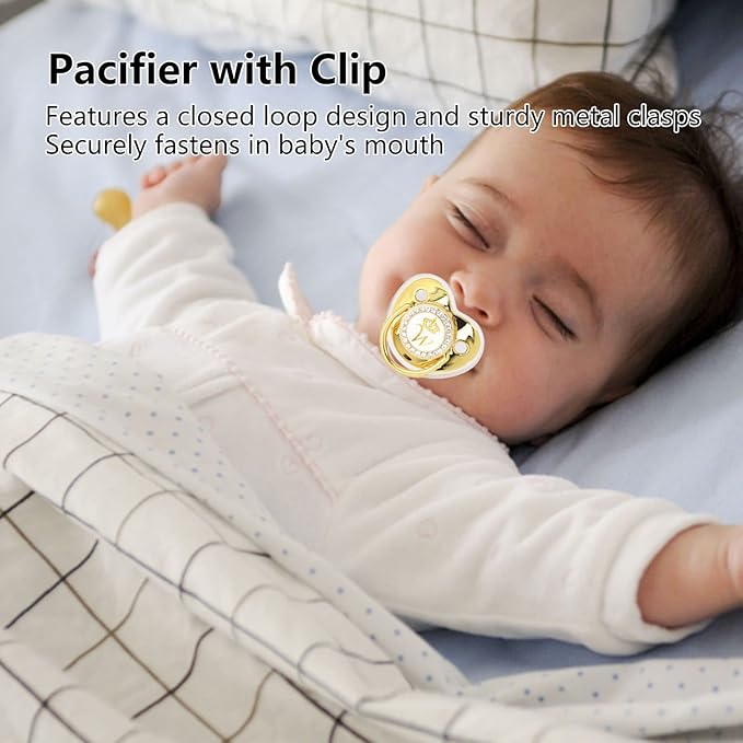 Golden Letter Personalized Baby Pacifier with Bling Design, Clips, Anti-Dust Cover for Newborn Photography, White