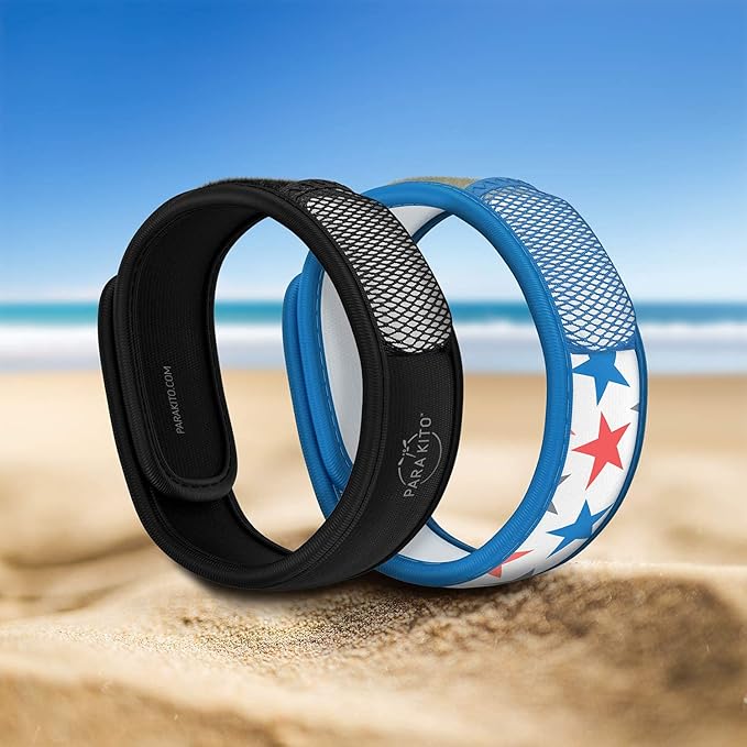PARA'KITO Mosquito Repellent Bracelets + Refill Pellets Bundle, Mosquito Bracelets, Peppermint Oil, DEET Free Mosquito Repeller, Hiking Accessories, 2 Wristbands & 2 Refills (Black + Stars)