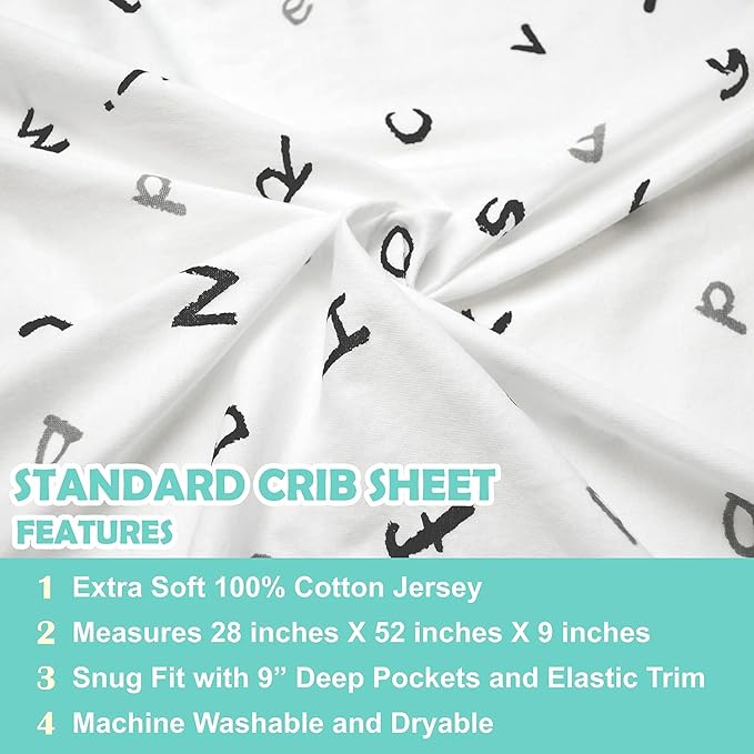 American Baby Company 3 Pack Printed 100% Cotton Jersey Knit Fitted Crib Sheet for Standard Crib and Toddler Mattresses, Alphabet/Gray/White, for Boys and Girls