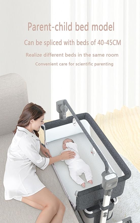 Electric Bluetooth Smart Next to Me Crib, Bassinet Cradle with Lullaby Music, Baby Bedside Crib for Newborn, Baby Co-Sleeper Cot with Mattress, Remote and 5 Swaying Gears(MG601-Khaki)