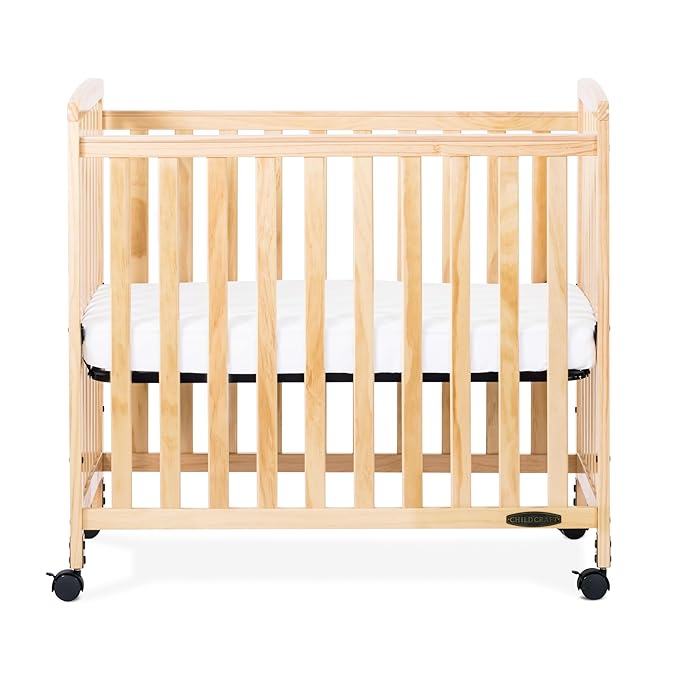 Child Craft Bristol Professional Series Wooden Compact Portable Crib with 3" Mattress and Ultra-Quiet Casters, Durable Wood Construction, Easy Maneuverability (Natural)