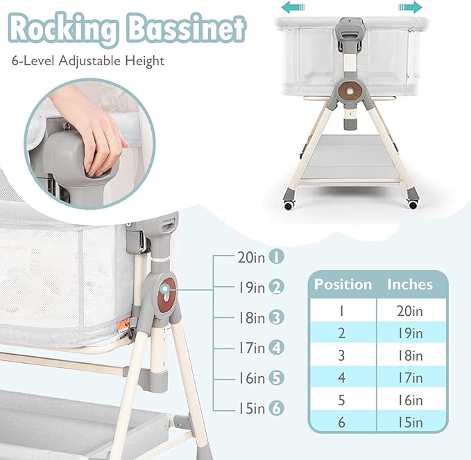 Rocking Baby Bassinet, Bedside Bassinet for Baby, 3 in 1 Bedside Sleeper with Musical Toys, Storage Basket and Wheels, Adjustable Bedside Crib for Newborn, White