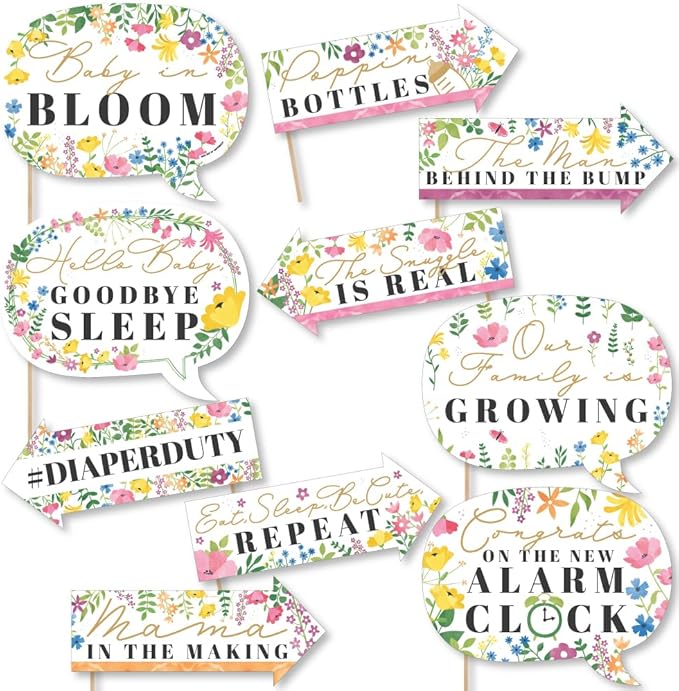 Big Dot of Happiness Funny Wildflowers Baby - Boho Floral Baby Shower Photo Booth Props Kit - 10 Piece