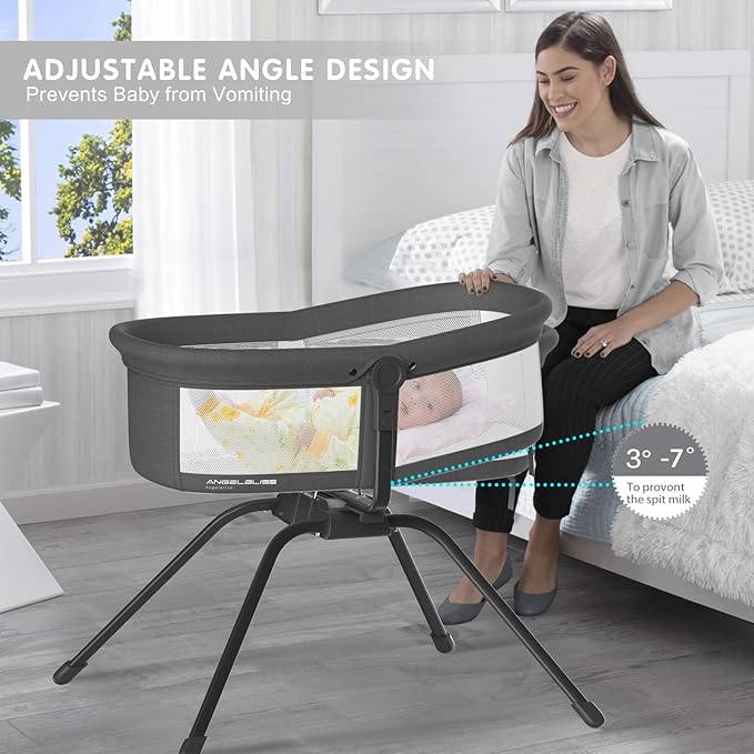 ANGELBLISS 3 in 1 Rocking Bassinet & Baby Bassinet Bedside Sleeper, One-Second Convert Travel Portable Bassinet Newborn Baby (Black)