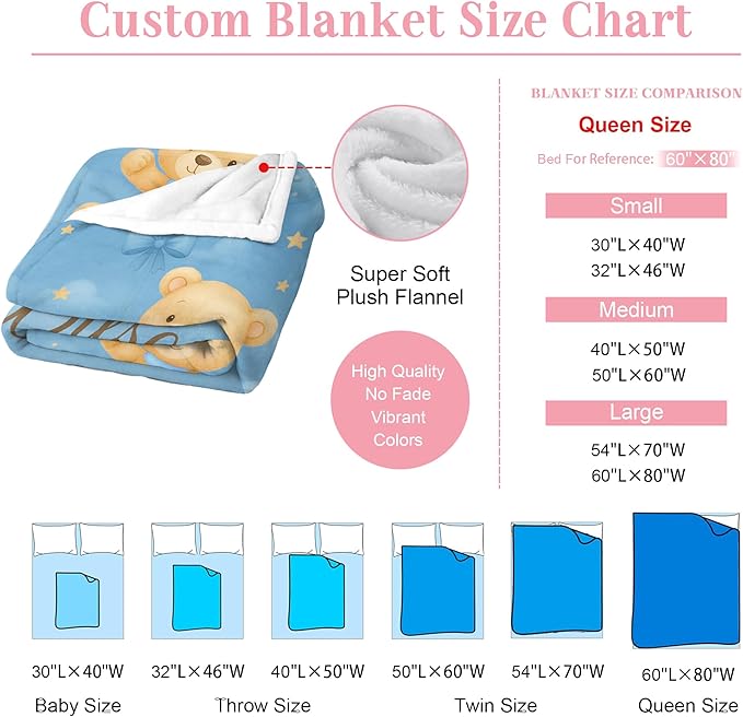 Personalized Baby Blanket โ Printed in USA, Baby Blankets for Girls & Boys with Name, Newborn Essentials Must Haves, Soft Plush Flannel, Easter Christmas Brithday Gifts for Kids Toddlers (Blue Pink)