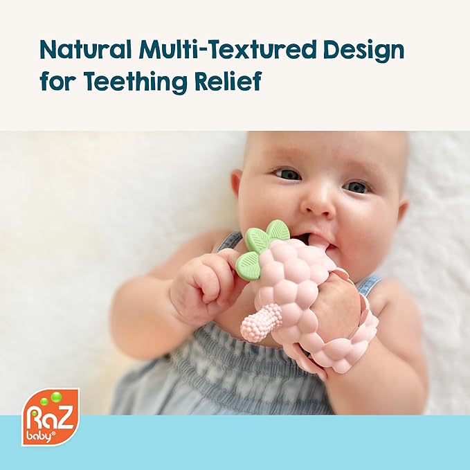 RaZbaby RaZberry Grip Silicone Teether Toy for 3M+ | Drop Resistant Hand Held Teether for Babies and Infants - Designed by Nature with Our Patented BerryBumps Multitextured Design | 3M+, Pink