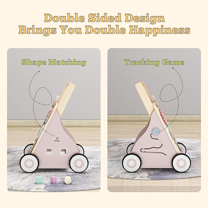 Wooden Baby Walker, Baby Push Walker Adjustable Height and Speed Multiple Learning Activity Walker Baby Walker with Wheels for Girls 6-12 Months, Pink