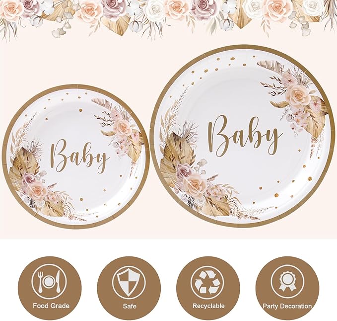 Boho Baby Shower Decorations Plates and Napkins Tableware for 24 Guests, Pampas Grass Floral Paper Plates Cups Design for Neutral Baby Shower Girl Boy Boho Party Supplies