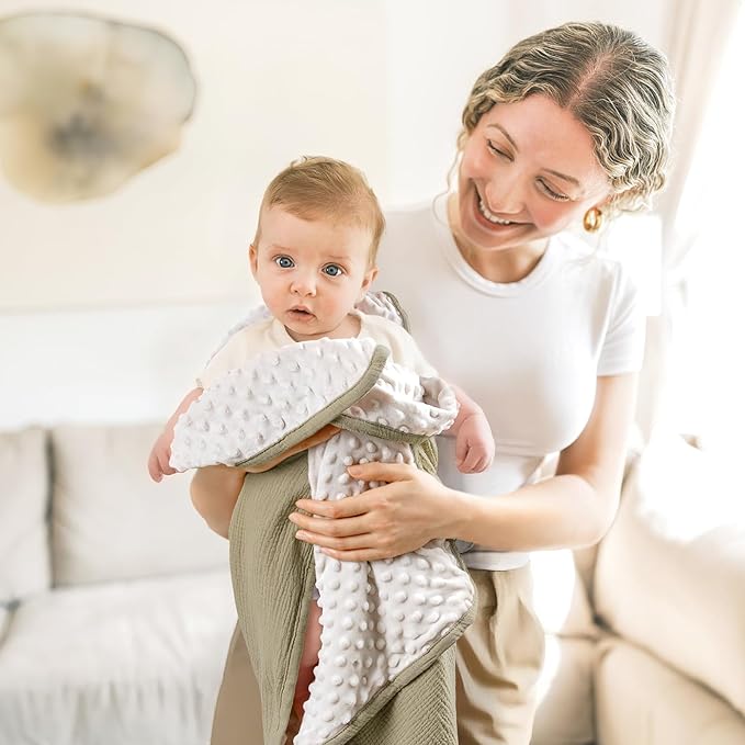 lulumoon Baby Blanket for Newborn Receiving: Minky Dot & Muslin Lightweight - Thermal Blanket Gift for Baby Shower & Hospital Welcoming 30"x40"(Olive)