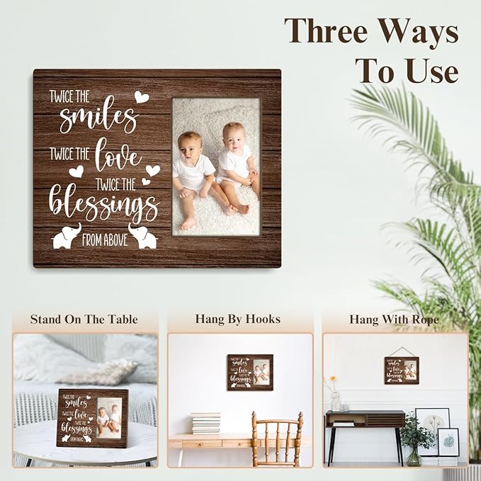 Twins Baby Picture Frame, Twice The Smiles Twice The Love, Photo Frame for New Baby, New Baby Gift Twin Baby Gifts for New Mom Dad, 4x6 Wooden Photo Frame For Wall Tabletop Display /022