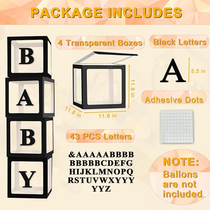 Ledido Baby Boxes with Letters, Clear Balloon Boxes for Baby Shower, Black Transparent Block Babyboy Letter Boxes for Birthday Bridal Wedding Graduation Prom Party Gender Reveal Party Decor, 4 PCS