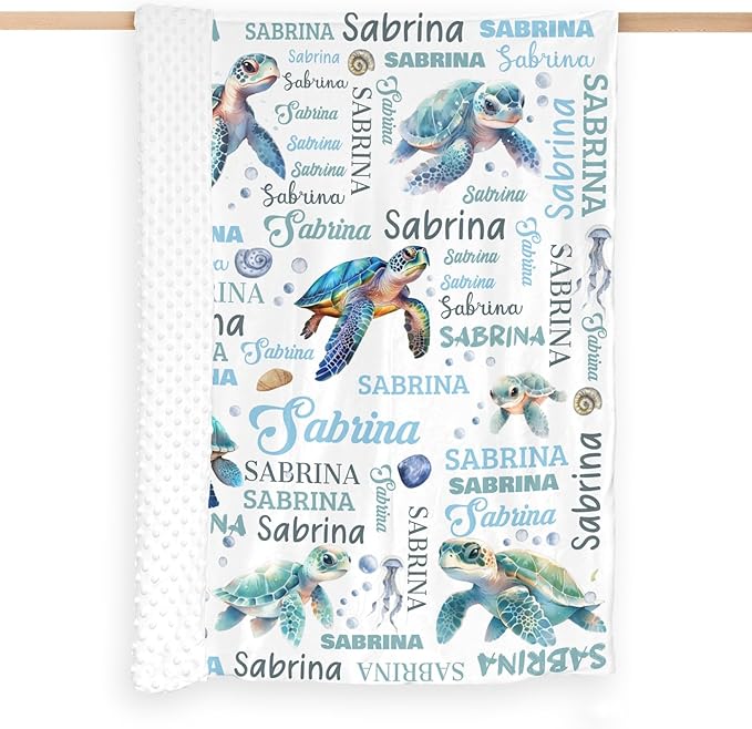 Personalized Baby Blanket for Boys Girls Turtle Custom Baby Blankets with Name Dotted Backing Customized Gifts for New Mom Customize Baby Blanket for Kids Newborn Birthday Blue