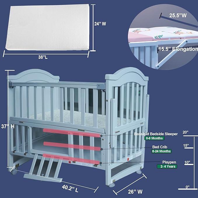 Portable Mini Baby Crib 4 in 1 with Memory Foam Mattress(38" by24) Included, Cunas para Bebes Convertible Crib with Foldable Storage Baby Playpen Bassinet Bedside Sleeper Bed (Silver Grey)