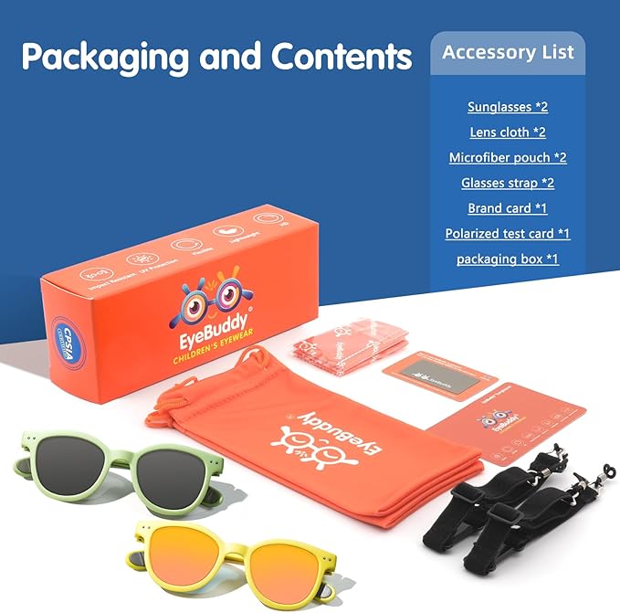 EYEBUDDY Kids Sunglasses for Boys Girls Age 2-8 Polarized UV Protection Toddler Children Sun Glasses Pack of 2