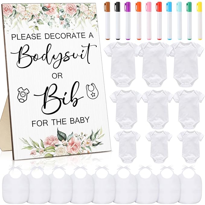 Roowest 35 Pcs Baby Shower Bibs Games Design Wooden Baby Shower Party Game Sign DIY Bodysuit Sign 15 White Blank Feeder Bibs 9 Newborn Bodysuit 10 Markers for Boys Girls(Flower)