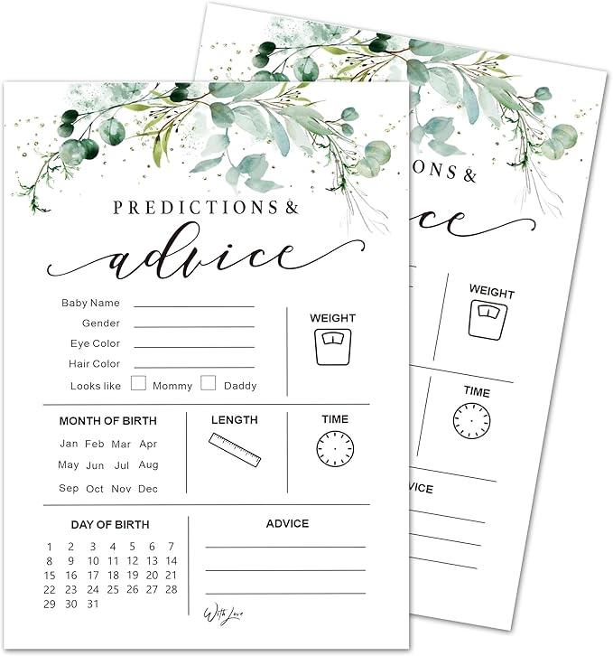 Greenery Baby Shower Game Cards - Set of 30 Predictions & Advice For Baby - Double Sided Print Baby Announcement Gender Reveal Game Card For Parents To Be - Baby Shower Party Activities Supplies - A01