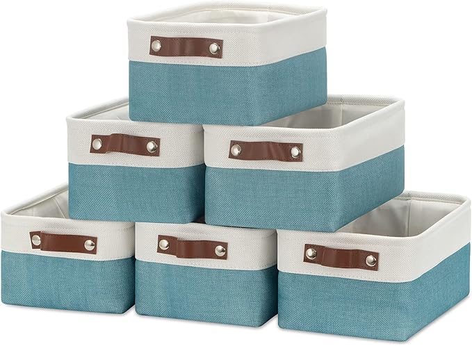 HNZIGE Storage Baskets Bins Set, (6 pack) Small Fabric Baskets for Shelves, Baskets for Gifts Empty with Handles for Organizing Shelf Nursery Home Closet Clothes room(White Teal, 11.8" x 7.8" x 5.1")