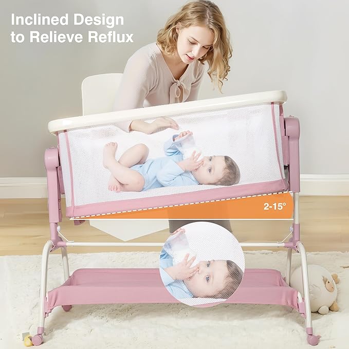 Bedside Cribs 3 in 1 Baby Bassinet Bedside Sleeper with Adjustable Height Easy Folding Portable Crib Comfy Mattress and Wheels - Pink