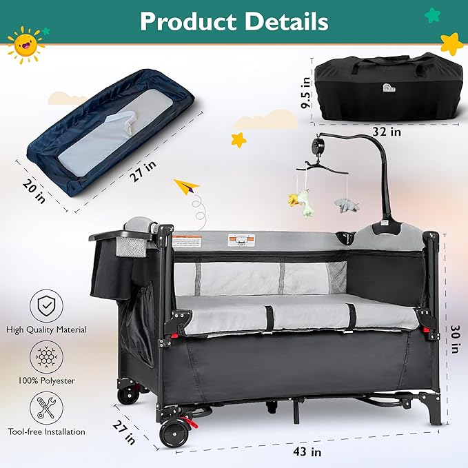 5 in 1 Baby Bassinet - Portable Crib, Bedside Sleeper, Diaper Changer, Playard & Travel Pack and Play Newborn to Toddler Carry Bag + Safety Strap Included