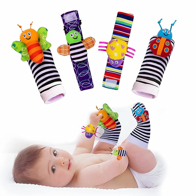 4-Piece Baby Wrist Rattle & Foot Finder Socks - Animal Rattle, Cartoon Design, 0-24 Months