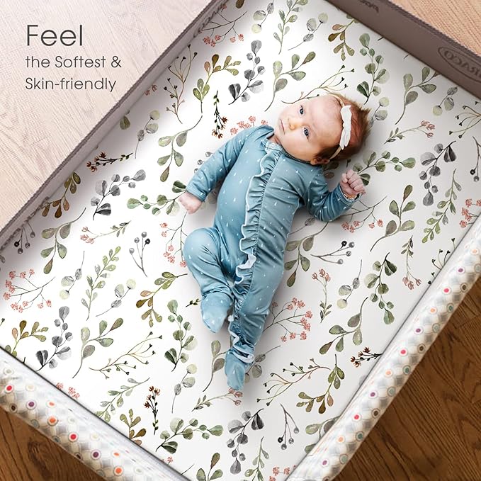 GRSSDER Stretchy Ultra Soft Jersey Knit Fitted Pack n Play Sheets Set 2 Pack, Portable Pack and Play/Mini Cribs Sheets for Girls,Stylish Watercolor Rose and Flora