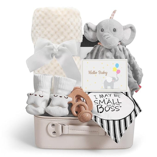 Baby Shower Gifts, Baby Boy Gifts, Christmas Baby Gift Set for Newborn Essentials Baby Blanket Elephant Lovey Wooden Rattle, Infant Bibs Socks & Greeting Card, Gender Reveal Gift Basket