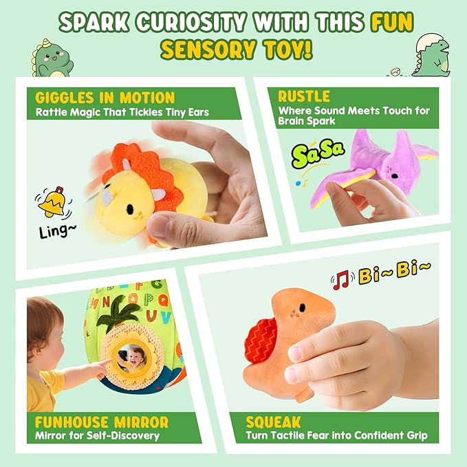 Baby Toys 6-12 Months - Soft Dinosaur Toy with Rattle, Crinkle Paper, Squeaker, Mirror - Baby Sensory Toys for 6 Month Old Developmental, Baby Montessori Toys for 1 Year Old Boy Girl Gifts