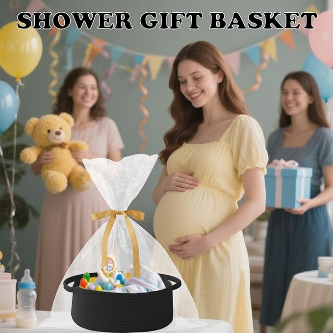 Gift Basket with Gift Bag and Ribbons,Small Rope Woven Shelf Storage,Baskets for Gifts Empty,Birthday,Shower,Decorative Organizer Box for Cat Dog Pet with Handles(Black)