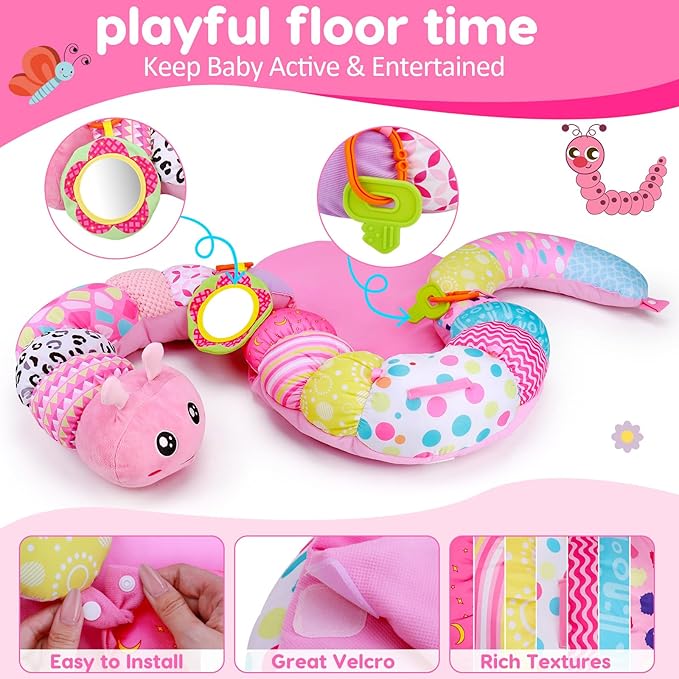 2 in 1 Baby Tummy Time Mat & Support Seated Pillow Infant Newborn Toys 0 1 2 3 4 5 6 Months Pink Caterpillar Sensory Developmental Playmat 0-6 3-6 12 Month Babies Mirror Shower Gifts for Girls Boys