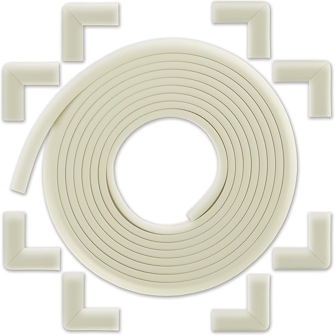 Bébé Earth Baby Proofing Edge and Corner Guard Protector Set for Back to School, 20 Feet Edges & 8 Foam Corners, Furniture and Tables Child Baby Proof Bumpers, Pre-Taped Corner Cushions - Oyster White