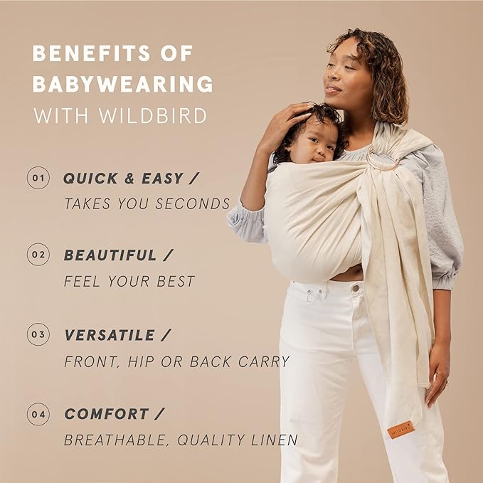 WildBird Ring Sling Baby Carrier for New Moms & Dads & Caregivers - Made from 100% Belgium Linen - for Newborns to Toddlers Up to 35 lbs - Long 90" Size (Sparrow Fabric/Bronze Ring)