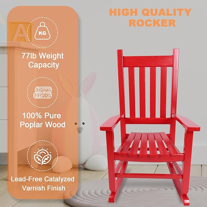 Kids Rocking Chair Set of 2 for Toddlers and Children Comfy Wooden Recliner Rocker for Baby Girls Outdoor Lounge Chair for Kids Age 6-10 Indoor Red
